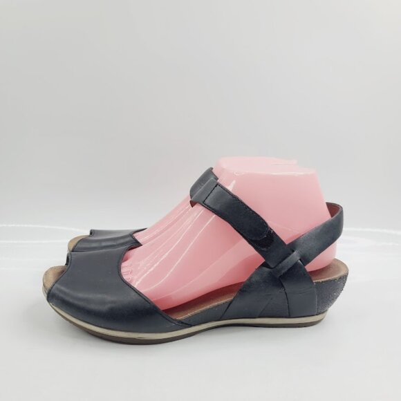 Dansko Women's Black Vera Wedge Leather Open Toe Slingback Sandal Size 7 - Picture 2 of 8